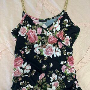 First Love black and pink floral top with gold chain straps.